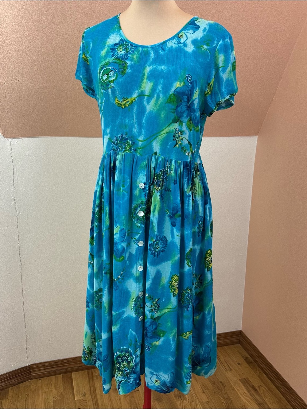 Bila Blue Floral 100% Rayon Dress Womens S Short Sleeve Bohemian Resort Coastal